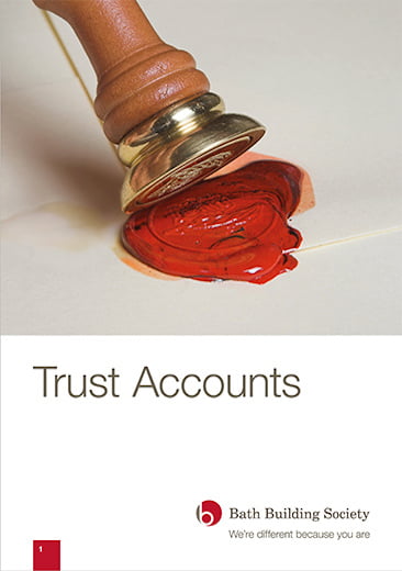 Image of front page of Trust Accounts publication by bath building society including logo. Imager of a wax letter stamp and seal