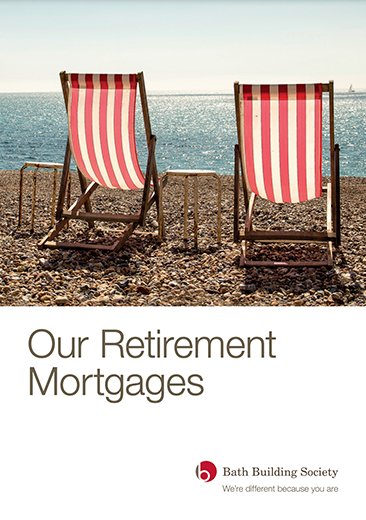 front cover screenshot of publication called our retirement mortgages and bath building society logo. Deck chairs on pebble beach.